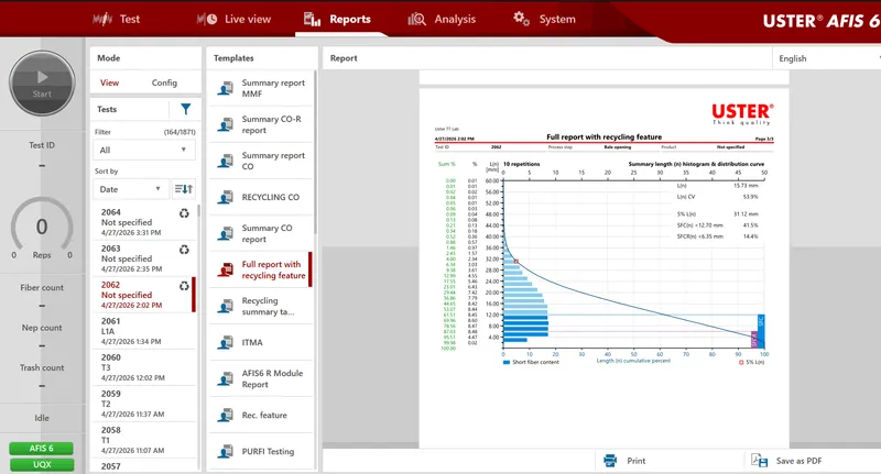 Screenshot of Uster AFIS 6 R Recycling Module measurement showing summary of length (n) histogram and distribution curve.